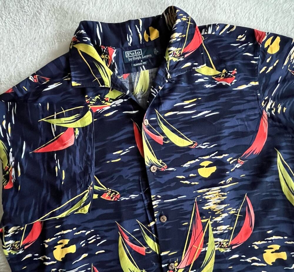 Vintage Polo Ralph Lauren Sailing Regatta Loop Collar Camp Shirt Mens Large AOP